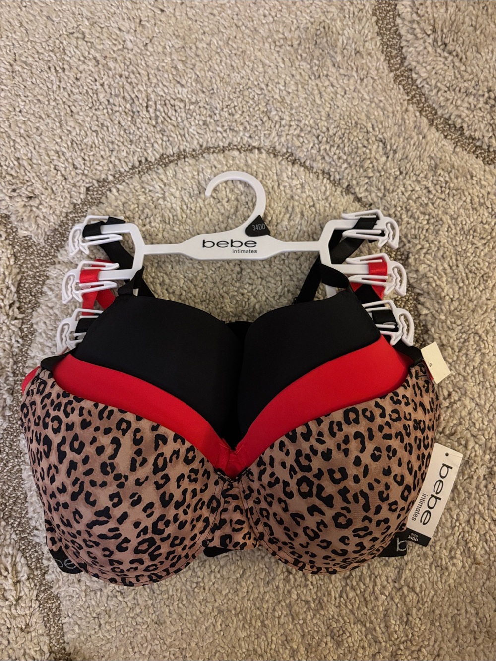 bebe Intimates 3-Pack Padded Bras - Black, Red, Leopard